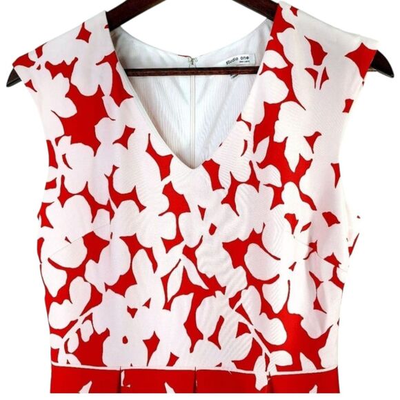 Studio One Red-Orange White Floral A-Line V-Neck Travel Dress 60s 70s Mod Sz 4 - Picture 10 of 14